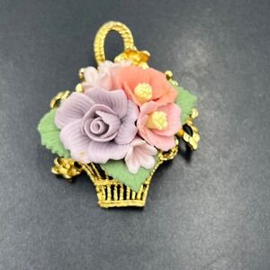 Vintage Gold Tone Feminine Rose Flower Basket Pink Purple Green Pin Brooch